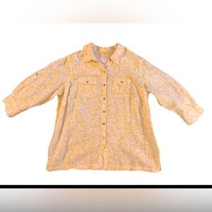 Charter Club Top 2X Yellow Floral 100% Linen 3/4 Roll Tab Sleeve Button-Up EUC